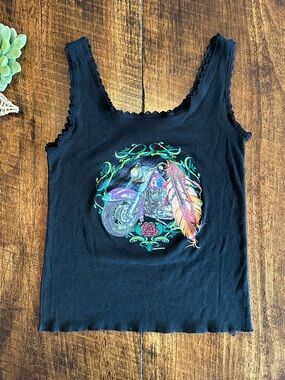 Hudson Leather | Y2K Motorcycle Graphic Baby Tank Top Black Lace Trim, Size S
